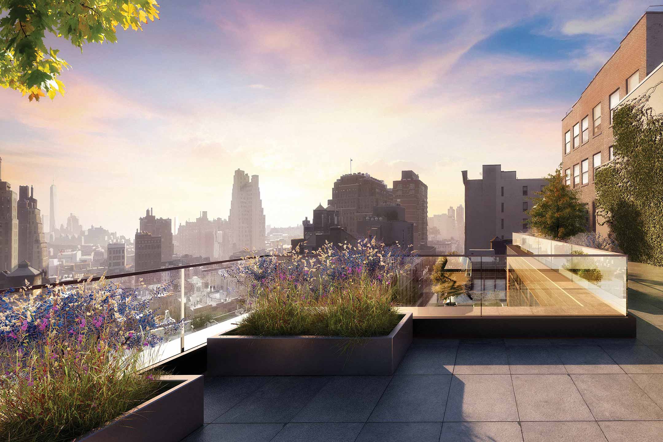Rendering of Chelsea roof terrace with view of downtown Manhattan
