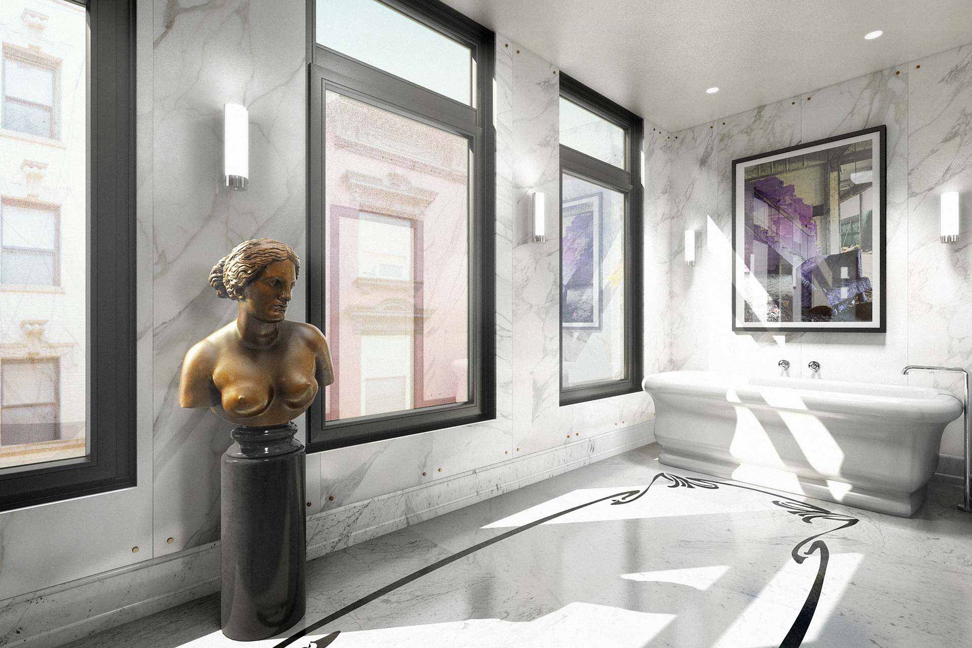 Master bathroom rendering with bronze statue
